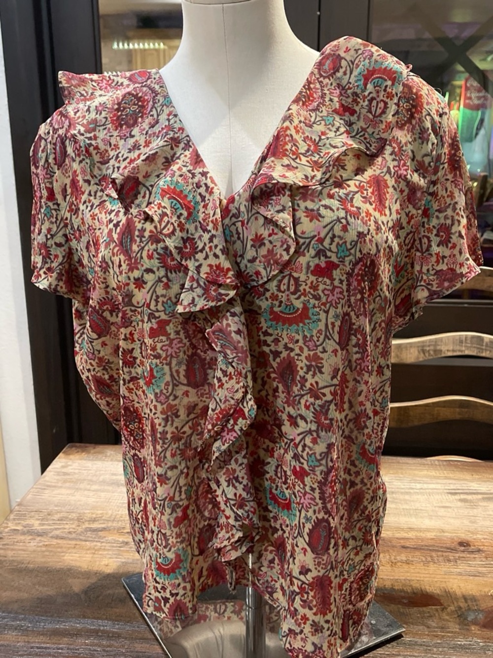 Chaps Floral Ruffle V-Neck Blouse in Red, Cream & Teal
